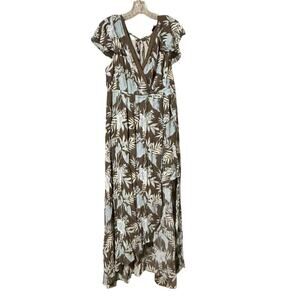 Torrid Romper Dress Womens 1X Brown Blue Floral Hi-Low Flutter Sleeve
